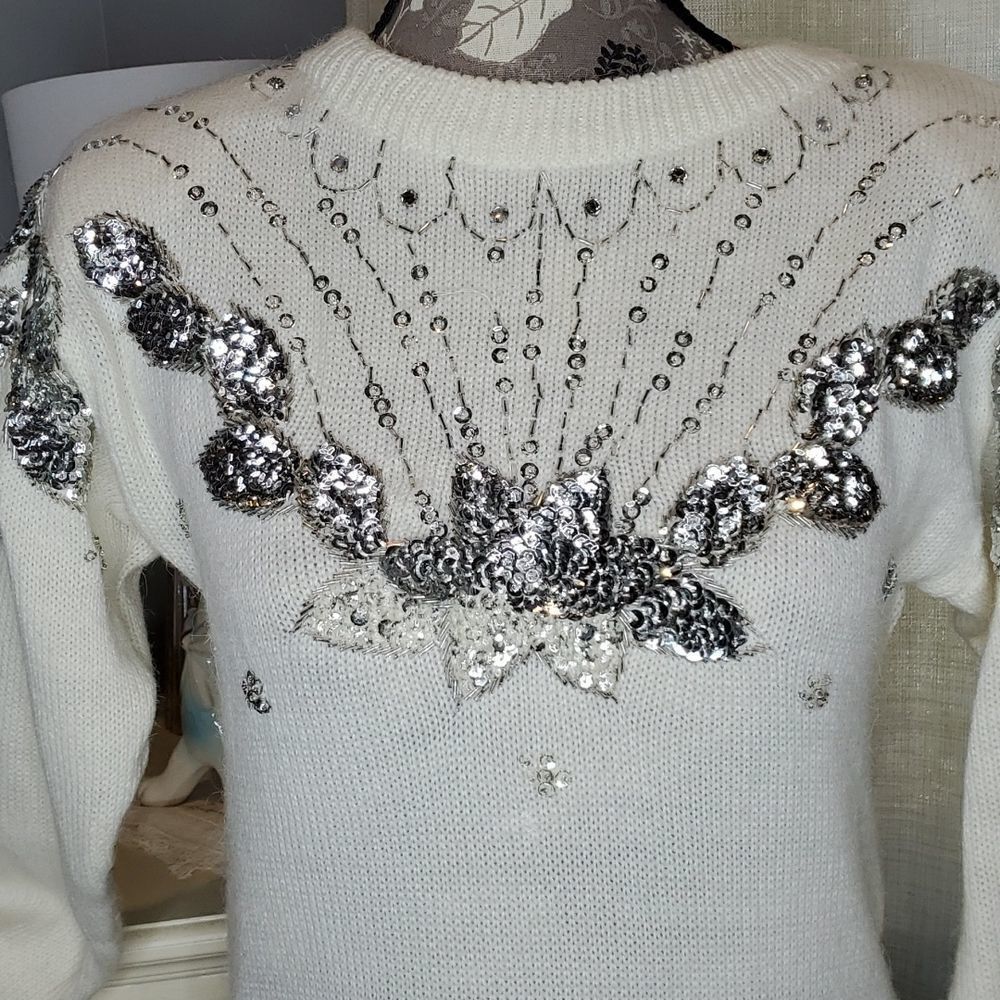 Vintage Beaded Sequin Long Sleeve Pullover Sweater, Hollywood & Vine, Sz Small